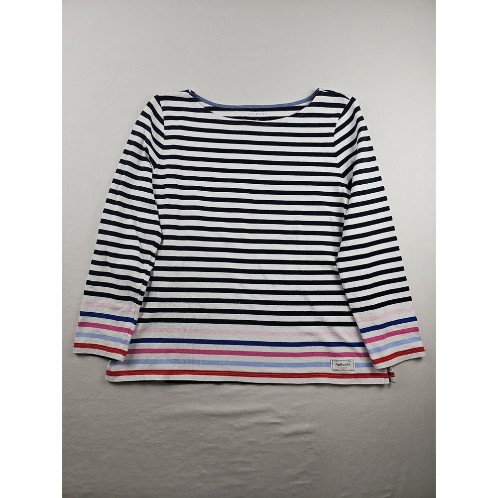 Talbots Long Sleeve Multicor Stripe Top Women's Sz Lp Boat Neck 100% Cotton Tee